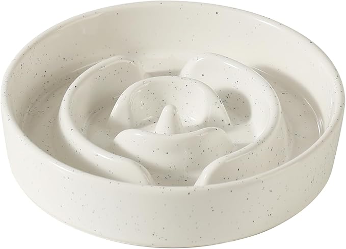 Ceramic 1.2 Cup Dog Bowl Slow Feeder for Medium and Small Dog, 7.3inch Pet Slow Dish, Stop Bloat, Preventing Choking(Single Bowl, Vanilla White)