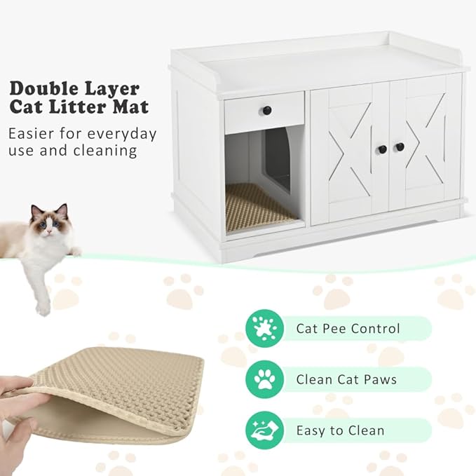 Cat Litter Box Enclosure Furniture with Mat - Hidden Litter Box Cabinet with Storage Drawer & Side Table - Indoor Cat House & Washroom (Hidden Entrance + White + MDF)