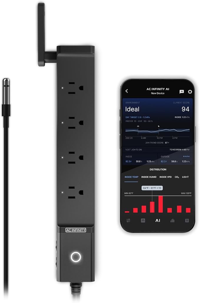 AC Infinity Outlet AI, Environment Controller, Smart WiFi Power Strip, Dual-Zone Temperature Humidity, Individual Control 4 Plugs, AI Targeting, Thermostat Greenhouse Aquarium Terrarium Home, 1800W