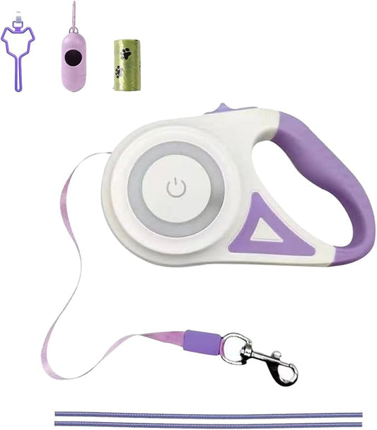 Best Dog Supplies | Pink Retractable Dog Leash with Light, Poop Bag Dispenser, Poop Bag Holder, 2 Elastic Ropes | Set of 4 (Purple)