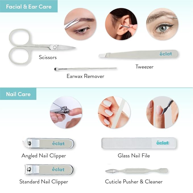 Éclat Manicure Pedicure Kit for Men & Women, 7Pcs Finger & Toe Nail Care Tools Includes Nail Clipper Cutter, Tweezer, File, Cuticle Pusher, Personal Care Professional Grooming Set With Travel Case