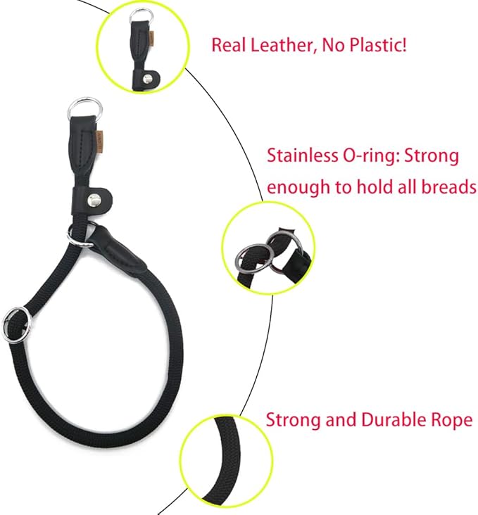 Braided Round Martingale Dog Collar, Training Collar with Slidable Stop Ring and Adjustable Stopper - Ideal for Extra Large Dogs (XL(1/2") - 24" Long, Black)