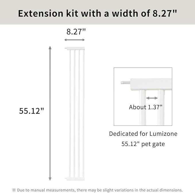 Lumizone Extra Tall Cat Gate Extension Kit 55.12" High Pressure Mounted 2025 New 8.27" Extra Wide 1.37" Gap No Drilling Tall Pet Gate for Dogs (White, 55.12" H x 8.27" W, Extension)