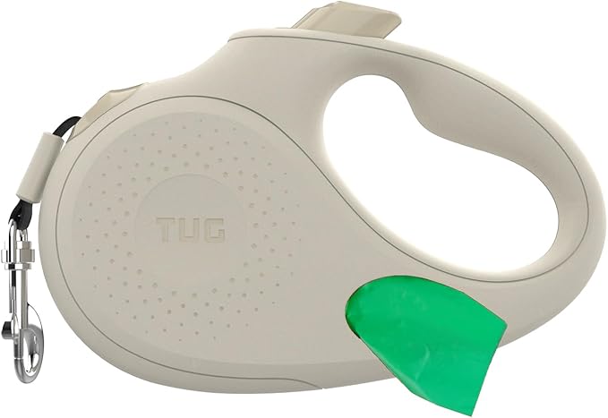 TUG Oval 360° Tangle-Free Retractable Dog Leash with Integrated Waste Bag Dispenser (Medium, Cream)