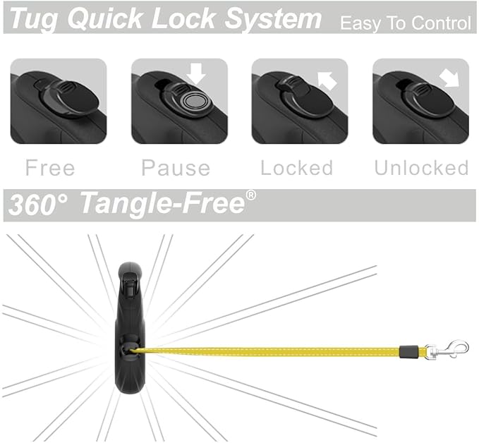 TUG 360° Tangle-Free Reflective Retractable Dog Leash | 16 ft Strong Nylon Tape (Medium)