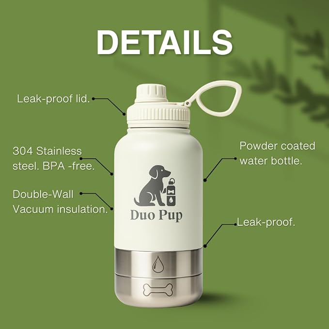 DuoPup 32oz Insulated Stainless Steel Pet Water & Food Bottle – Portable Leak-Resistant Dispenser with Two Detachable Bowls & Carrying Strap – Travel, Hiking & Outdoor Pet Hydration – White