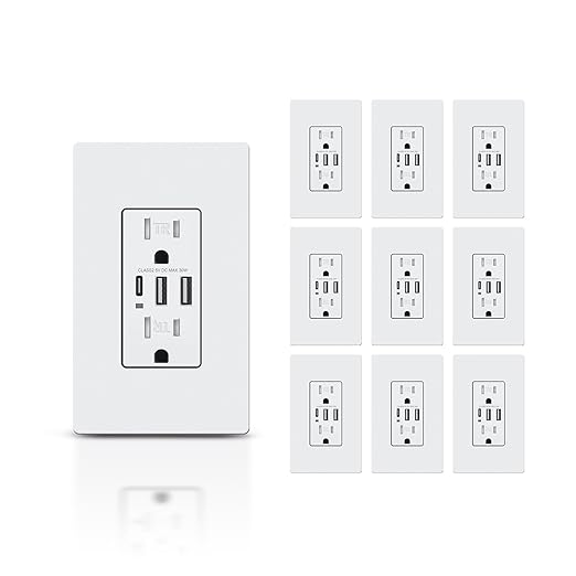 TOPELER USB Charger Wall Outlet, 6.0A USB Receptacle with Type A & Type C Ports, 15 Amp Duplex Tamper Resistant Receptacle Plug, Wall Plate Included, UL&FCC Listed, 10 Pack
