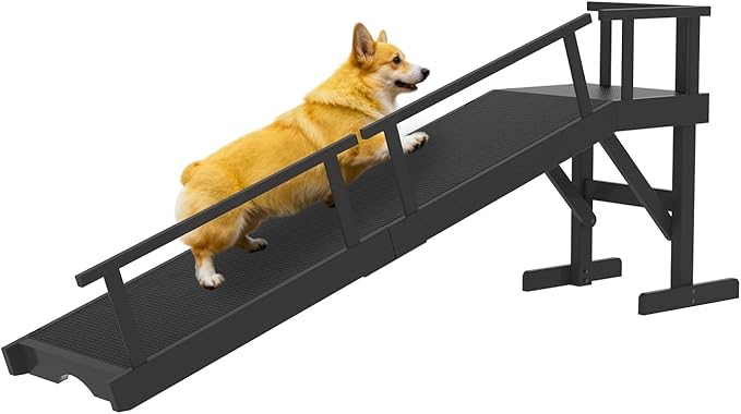 20" Height Dog Ramp for Bed, 61" Long Large Pet Ramp with Non-Slip Surface, Wooden Dog Ramp with Removable Rail & Rest Platform, Also as Dog Stairs for Small Senior Dogs with Glow Strips, Black