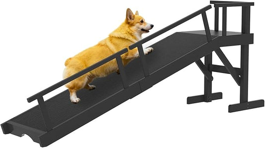 20" Height Dog Ramp for Bed, 61" Long Large Pet Ramp with Non-Slip Surface, Wooden Dog Ramp with Removable Rail & Rest Platform, Also as Dog Stairs for Small Senior Dogs with Glow Strips, Black