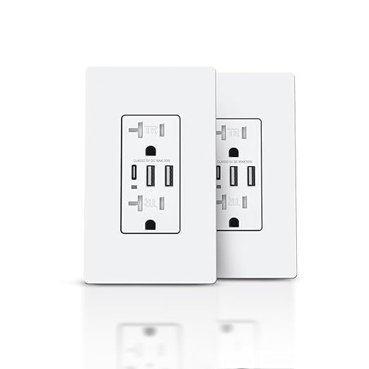 TOPELER USB C Wall Outlet, 6.0Amp 30W Electrical Socket with USB A&C Ports, 20A Duplex Tamper Resistant Receptacle Plug, Screwless Plate Include, UL & FCC Listed, 2 Pack, White