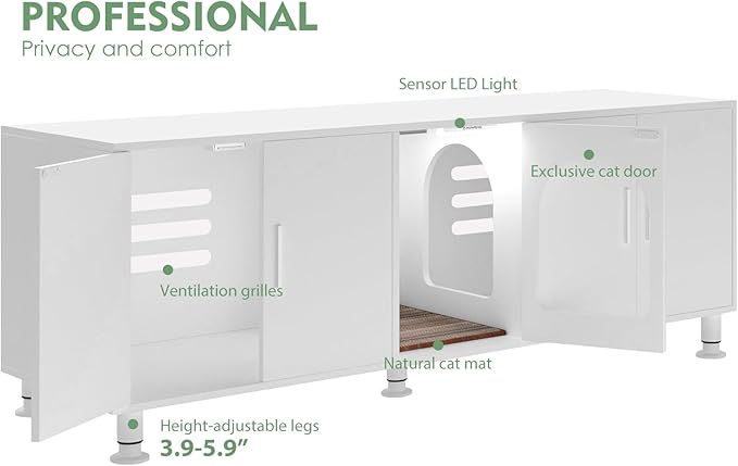 Double Litter Box Enclosure with Cat Scratch Mat & Motion Sensor Light, Wooden Litter Box TV Stand for 2 Litter Boxes & 2 Cats (White)