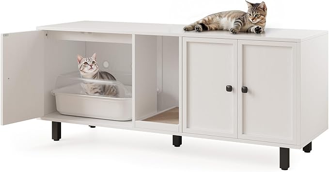 ONBRILL 59 Inches Cat Litter Box Enclosure for 2 Cats, Hidden Litter Boxes Furniture with Cat Scratch Pad, Large Indoor Pet House with Double Room, Wooden TV Stand Side Table, Off White