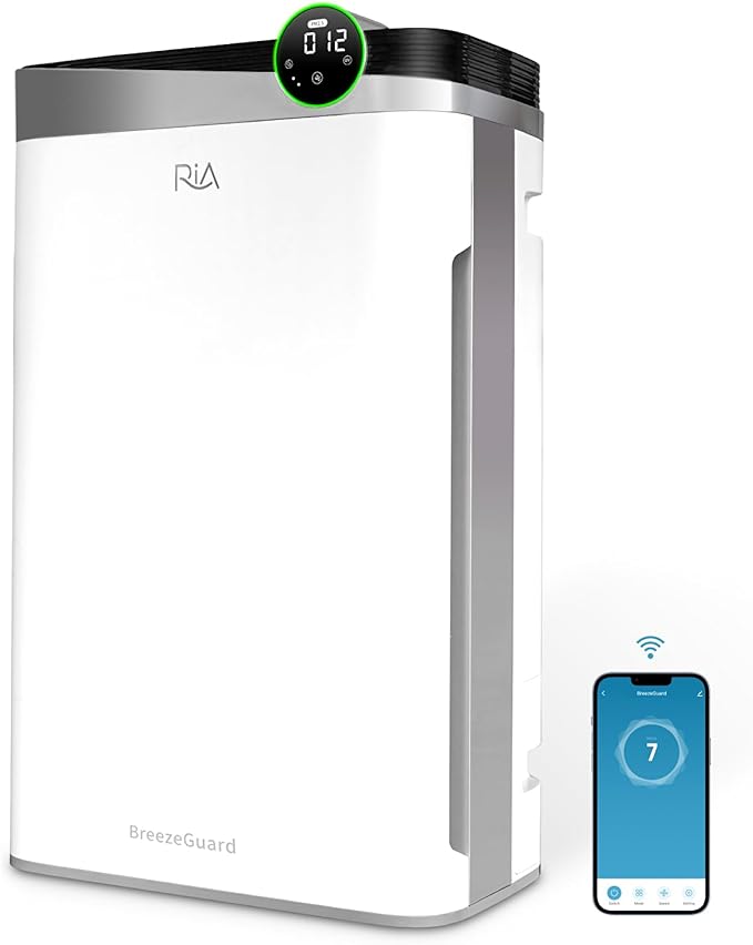 RIA BreezeGuard HEPA Air Purifier for Home & Large Rooms up to 2500 Sq Ft – Smart Air Cleaner with Non-Steam Humidifier Plus, App Control, PM2.5 Sensor, for Pets, Allergies, Smoke & Dust