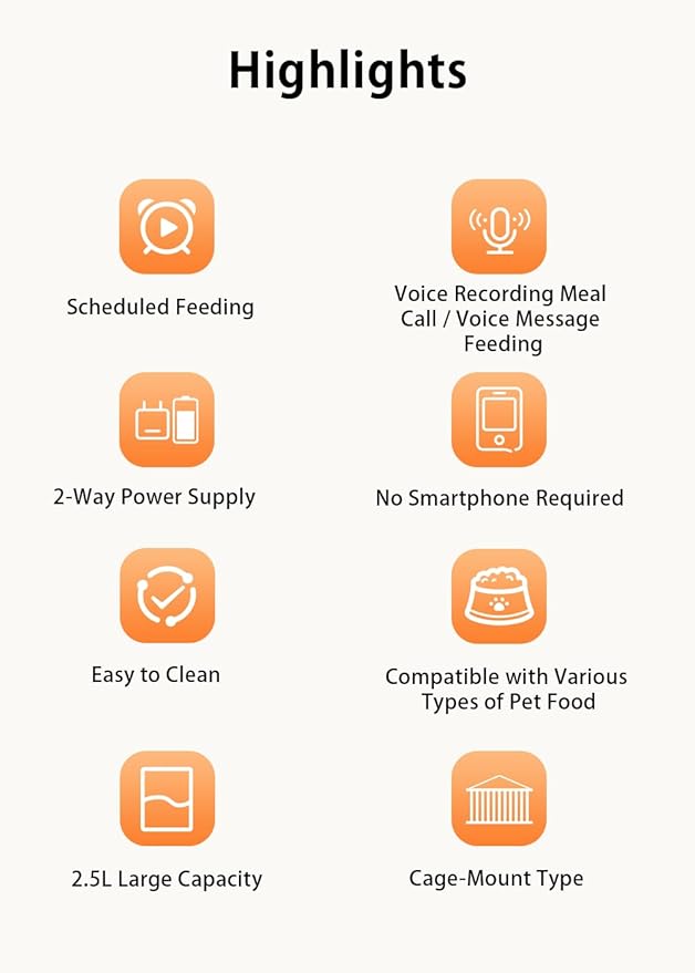 Automatic Pet Feeder for Cats and Small Dogs, Cage-Mounted Smart Food Dispenser, 2.5L Capacity, Timed & Portion Control Feeding, Dual Power Supply (Plug-in & Battery-C), Easy to Clean