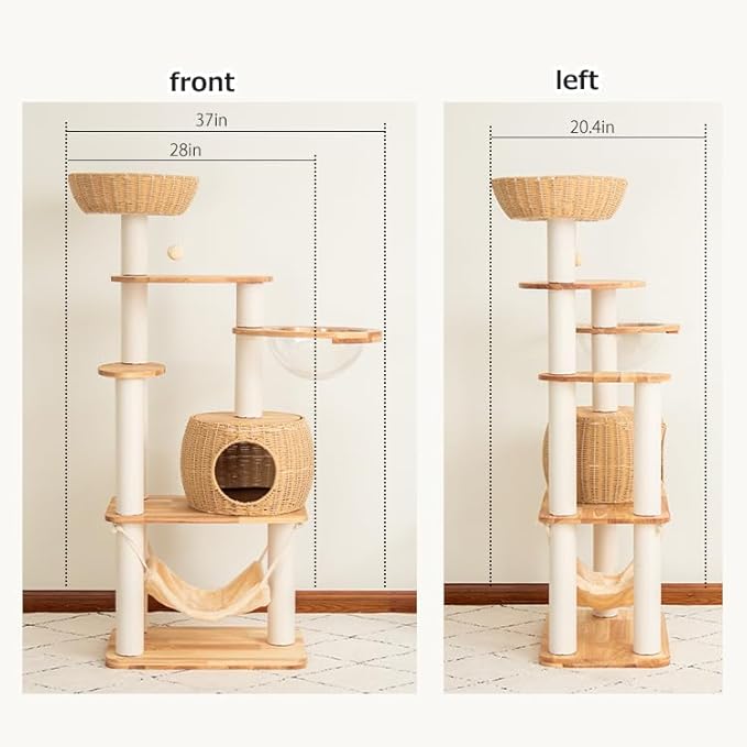 Wood Cat Tree for Large Cat, 57-Inch Tall Cat Tower with Scratching Post for Indoor Cats, Multi-Level Cat Condo with Hand-Woven Cat Bed and Hammock Acrylic Bowl Easy to Clean (DC888)