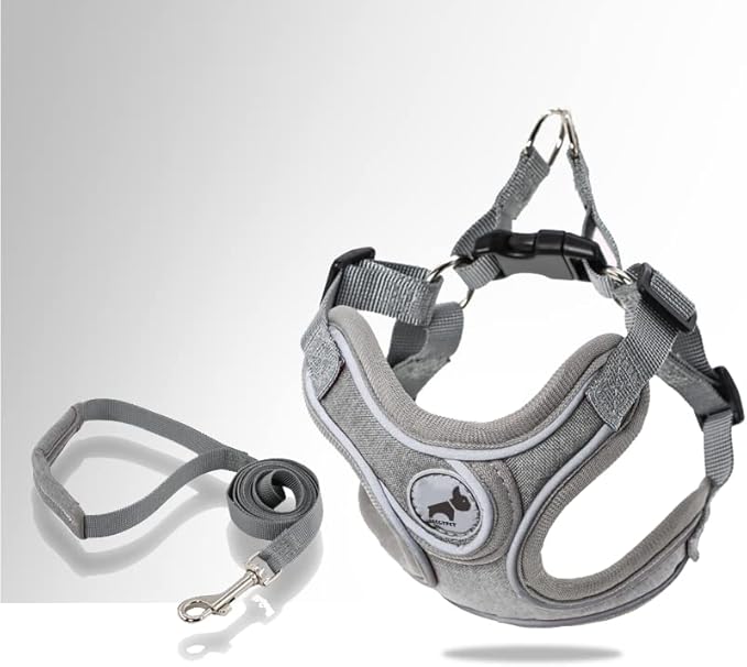 Dog Frenchie Harness with Leash Set, No Pull Adjustable Step in with Breathable Padded Vest Harness for Small Medium Large Dogs Walking and Running(M, Gray)
