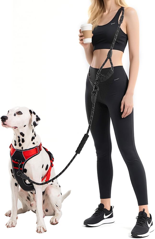 Cymiler Hands Free Dog Leash, 8 Ft Reflective Cross-Body Pet Rope Leashes with Sponge Handle, Heavy Duty Nylon, for Running, Hiking, Training, Waist Leash for Small Medium Large Dogs (Black)