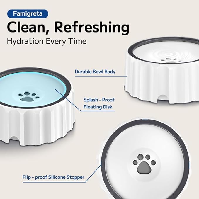 Dog Water Bowl 70oz/2L Large Capacity Water Dispenser No Spill Non Slip No Splash Pet Slow Feeder No Drip Vehicle Carried Travel Slow Drinking Bowl for Dogs Cat(White)