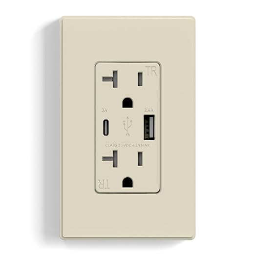 ELEGRP USB Wall Outlet, Tamper Resistant Receptacle with USB A & C Ports, 20 Amp NEMA 5-20R Plug, Wall Plate Included, UL Listed, Matte Light Almond