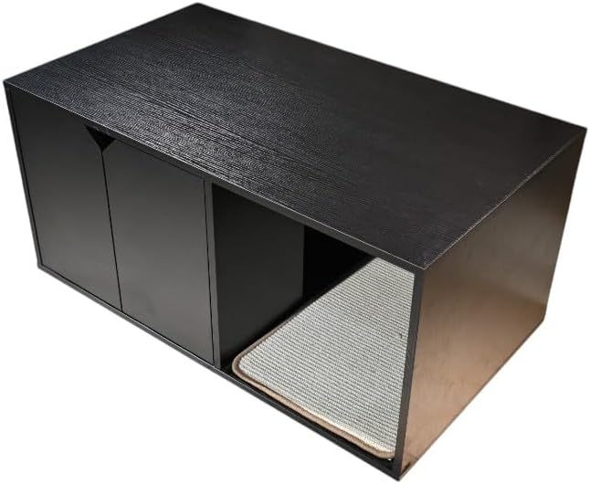 Black Cat House, Corrugated Cardboard Scratching Pad, Cozy Caves, Wood, Modern Cat Litter Box Enclosure Hidden Furniture for Indoor Kittens, 35.83x20.47x17.05 in