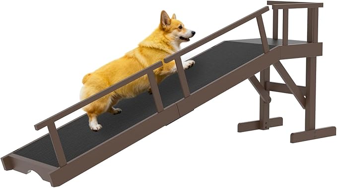 20" Height Dog Ramp for Bed, 61" Long Large Pet Ramp with Non-Slip Surface, Wooden Dog Ramp with Removable Rail & Rest Platform, Also as Dog Stairs for Small Senior Dogs with Glow Strips, Brown