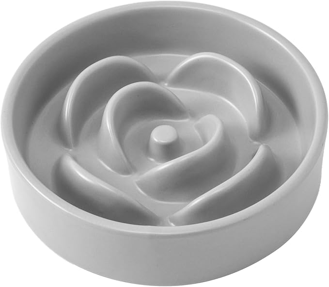 6'' Ceramic Slow Feeder Dog Bowls - Petal Shape Modern Dog Food Dish for Cats and Small Breed Dogs, Puzzle Maze Bowl to Slow Down Eating, Anti-Gulping, Dishwasher & Microwave Safe, Grey