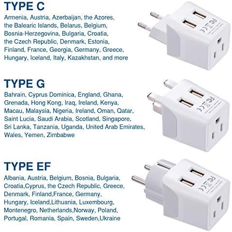 Ceptics Complete European Set Travel Adapter Plug by Ceptics With Dual USB - Type G, E/F, C - London - USA Input - Light Weight - Perfect for Cell Phones, Chargers, Cameras and More - 3 Pack
