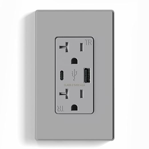 ELEGRP USB Charger Wall Outlet, USB A & C Ports, 20 Amp Duplex Plug NEMA 5-20R, Wall Plate Included, UL Listed, Matte Grey