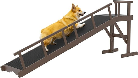 25" Height Dog Ramp for Bed, 73" Long Large Pet Ramp with Non-Slip Surface, Wooden Dog Ramp with Removable Rail & Rest Platform, Also as Dog Stairs for Small Senior Dogs with Glow Strips, Brown