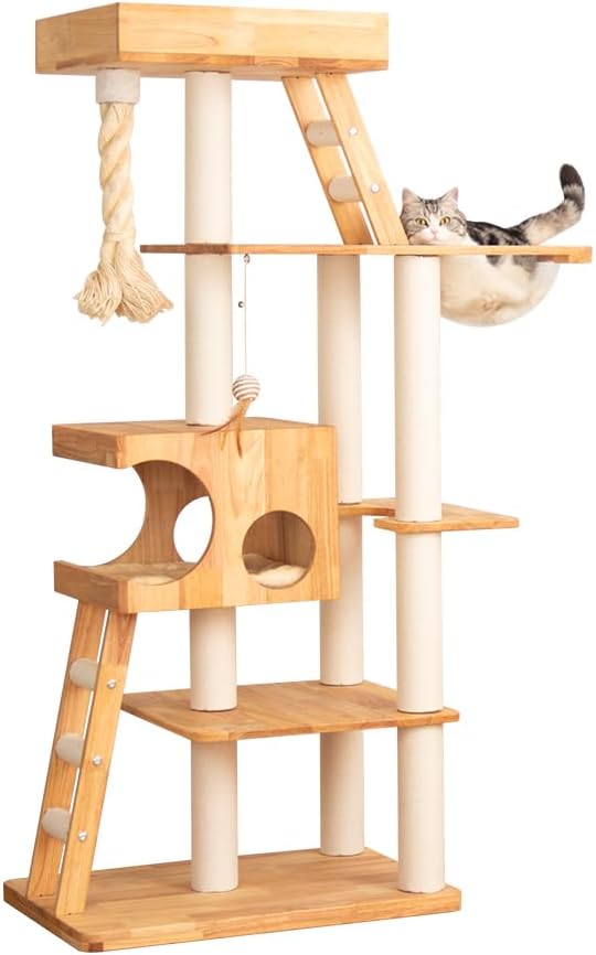 Modern Cat Tree for Large Cats, Solid Wood Cat Tower Heavy Duty with Scratch Post Stair Cat Condo Acrylic Bowl for Indoor Big Cats (Natural Wood SP160)