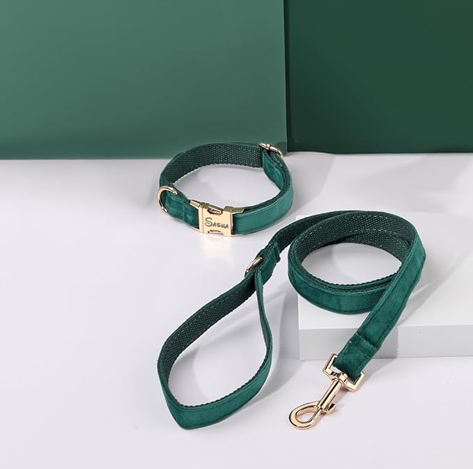 Velvet Harness Set, Gift for Pet Owners, Custom Dog Collar Personalized with Name and Phone Number, Custom Collar and Leash for Dogs, Engraved Metal Buckle Collar (Large)