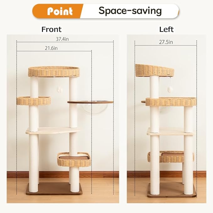 48'' Natural Wood Cat Tree with Rattan Beds & Clear Acrylic Bowl, Multi-Level Cat Tower for Indoor Cats, Modern Wooden Cat Condo with Scratch Posts (Dark Brown)