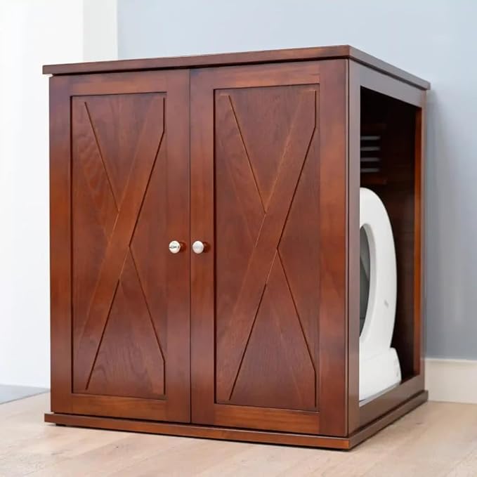 THE REFINED FELINE Refined Self-Cleaning Litter Box Cabinet, Wooden Cat Litter Box Enclosure for Automatic Litter Boxes, Mahogany, Farmhouse.