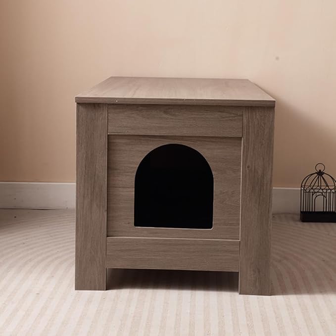 Cat Litter Box Enclosure, Litter Box Furniture Hidden with Barn Door, Wooden Kitty Washroom Furniture, Cat House, End Table, Fit Most of Litter Box (Spacious + Greige + Wood)