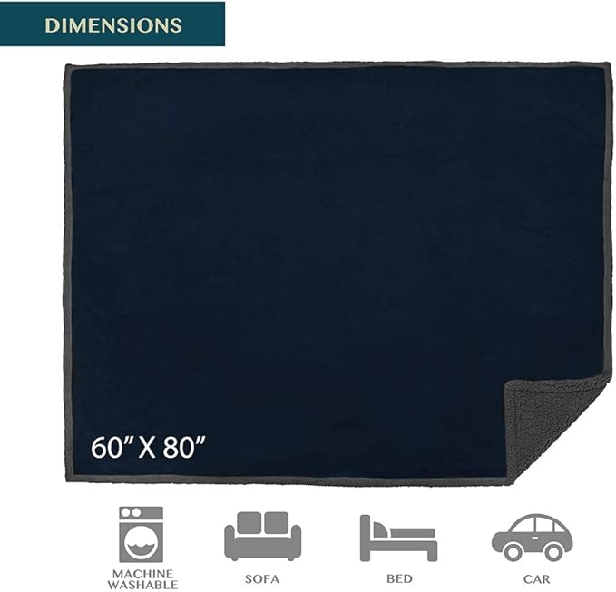 PAVILIA Waterproof Blanket Throw Navy Grey Queen,Waterproof Pet Blanket for Dog Couch Protection,Leak Proof Sherpa Fleece Blanket for Bed Sofa,Liquid Resistant Large Plush Throw,90x90 Inches