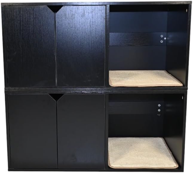 Black Cat House, Corrugated Cardboard Scratching Pad, Cozy Caves, Wood, Modern Cat Litter Box Enclosure Hidden Furniture for Indoor Kittens, 35.83x20.47x17.05 in