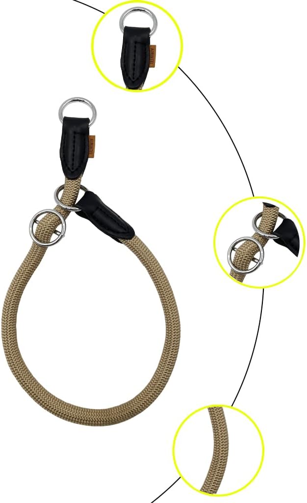 Braided Round Martingale Dog Collar, Training Collar with Slidable Stop Ring - Ideal for Large Dogs (L(1/2") - 22" Long, Khaki)