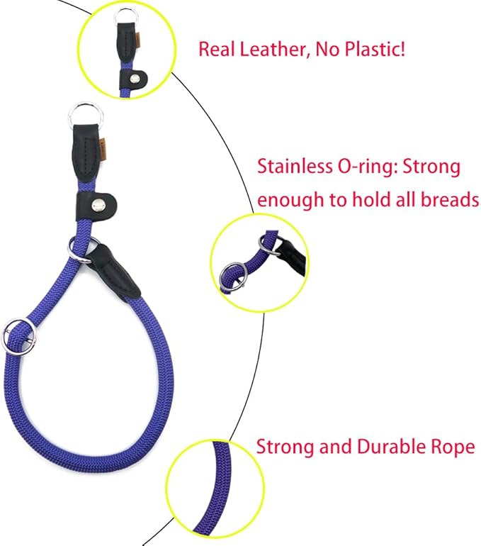 Braided Round Martingale Dog Collar, Training Collar with Slidable Stop Ring and Adjustable Stopper - Ideal for Extra Large Dogs (XL(1/2") - 24" Long, Purple)