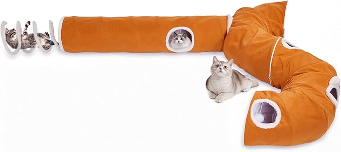 Ownpets 2-in-1 Cat Tunnel, Large Lollipop Shape Cat Tunnel Toy with Fluffy Balls, Spiral Toy, Plush Collapsible Cat Cave Hideout Donut Tunnel for Multi Kitten Puppy Rabbit (Orange)