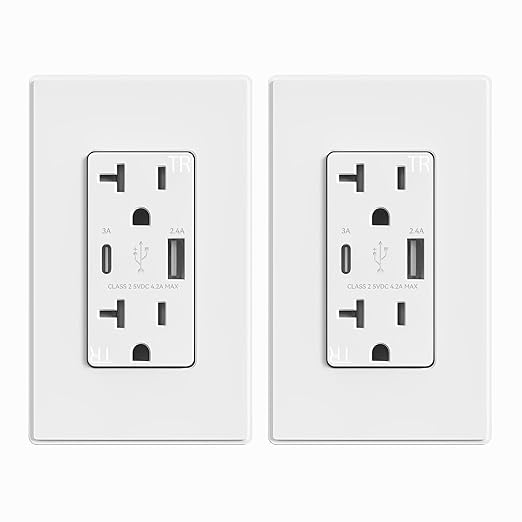 ELEGRP USB Charger Wall Outlet, USB Receptacle with Type A & Type C USB Ports, 20 Amp Duplex Tamper Resistant Receptacle Plug, Wall Plate Included, UL Listed (2 Pack, Matte White)