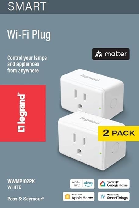 Legrand Radiant® Wi-Fi Matter Smart Plug Matter Hub Required 15A, Easy Setup, Enhanced Compatibility with Apple HomeKit, Google Home, Alexa & SmartThings, Easy Wi-Fi Connectivity w/ Matter (2 Pack)