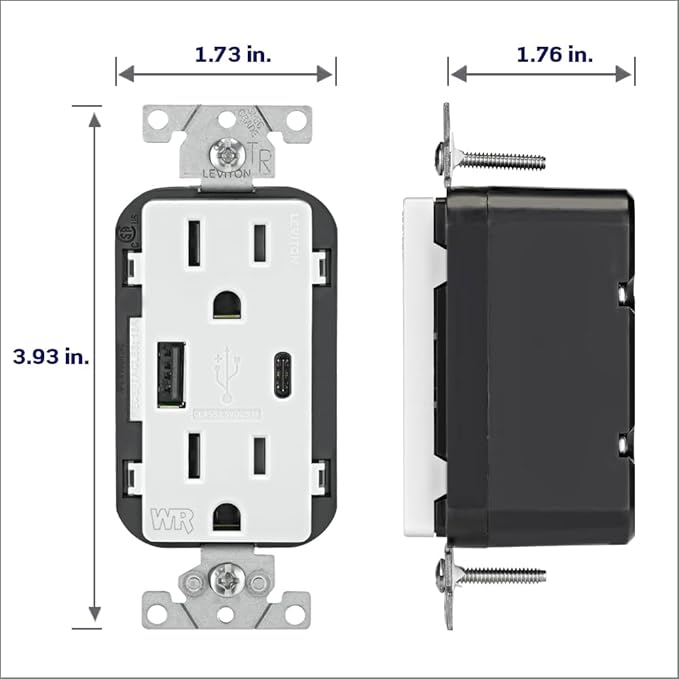 Leviton Type A & Type-C USB In-Wall Charger with 15A Tamper-Resistant Outlet, Outdoor USB Charger for Smartphones and Tablets, Not for Laptops, W5633-W, White