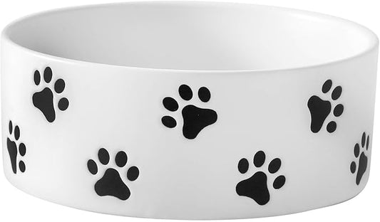 6.5 Inch White Ceramic Dog Bowl with Paw Print Pattern - Porcelain Wide Mouth Dog Food or Water Bowls, Large Feeding Pet Bowls for Indoor Medium Sized Dogs, for Wet or Dry Food