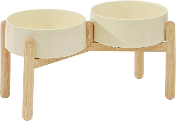 Ceramic 8.2inch Raised Dog Bowl with Stand for Large- Breed Dogs, Pet Food and Water Feeder (Double Bowl with Stand - Beige)