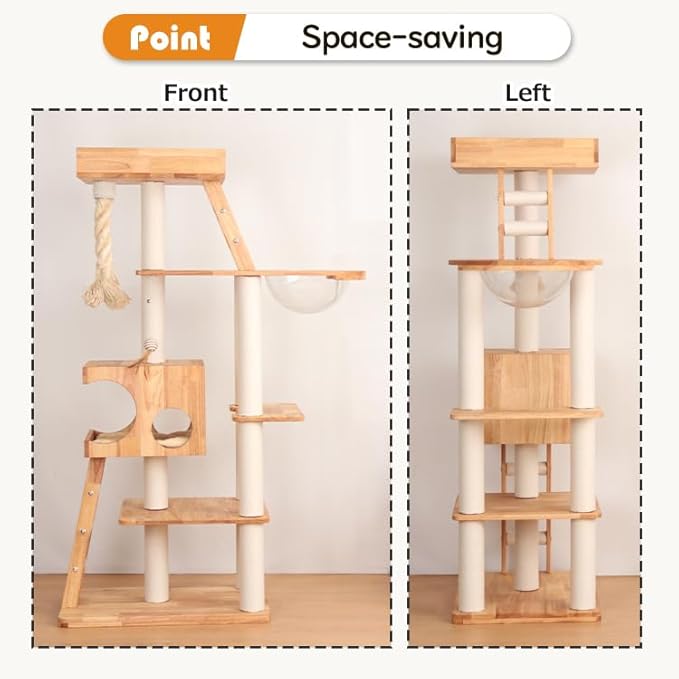 Modern Cat Tree for Large Cats, Solid Wood Cat Tower Heavy Duty with Scratch Post Stair Cat Condo Acrylic Bowl for Indoor Big Cats (Natural Wood SP160)