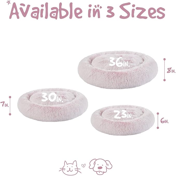 Friends Forever Donut Dog Bed Faux Fur Fluffy Calming Sofa For Large Dogs, Soft & Plush Anti Anxiety Pet Couch For Dogs, Machine Washable Coco Pet Bed with Non-Slip Bottom, 36"x36"x8" Pink