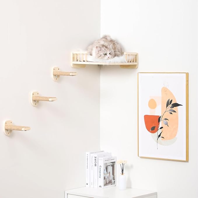 Cat Wall Shelves with 3 Steps Scratch Post, Climbing Shelf and Hammock for Indoor Cats (Wood)