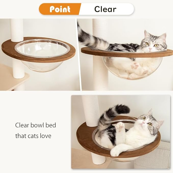 48'' Natural Wood Cat Tree with Rattan Beds & Clear Acrylic Bowl, Multi-Level Cat Tower for Indoor Cats, Modern Wooden Cat Condo with Scratch Posts (Dark Brown)