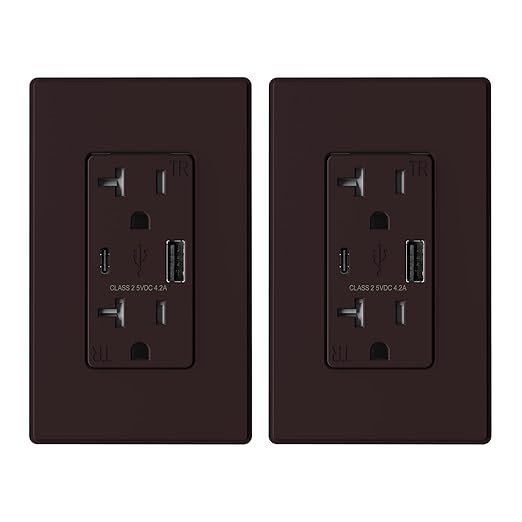 ELEGRP USB Charger Wall Outlet, USB Receptacle with USB A & USB C Ports, 20 Amp Duplex Tamper Resistant Receptacle Plug NEMA 5-20R, Wall Plate Included, UL Listed, 2 Pack, Matte Brown