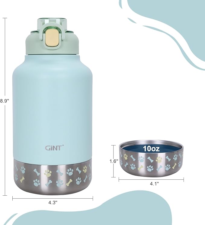 GiNT 37oz Insulated Stainless Steel Dog & Human Water Bottle | Leakproof Travel Dispenser with Detachable 10oz Bowl, 24H Cold/12H Hot, Carrying Case for Walking, Hiking,Camping & Outdoor Travel(Green)